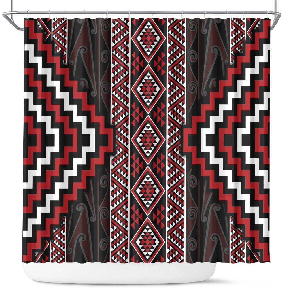 Red Tukutuku Pattern Aotearoa Shower Curtain Niho Taniwha and Puhoro Motifs LT7 Red - Polynesian Pride
