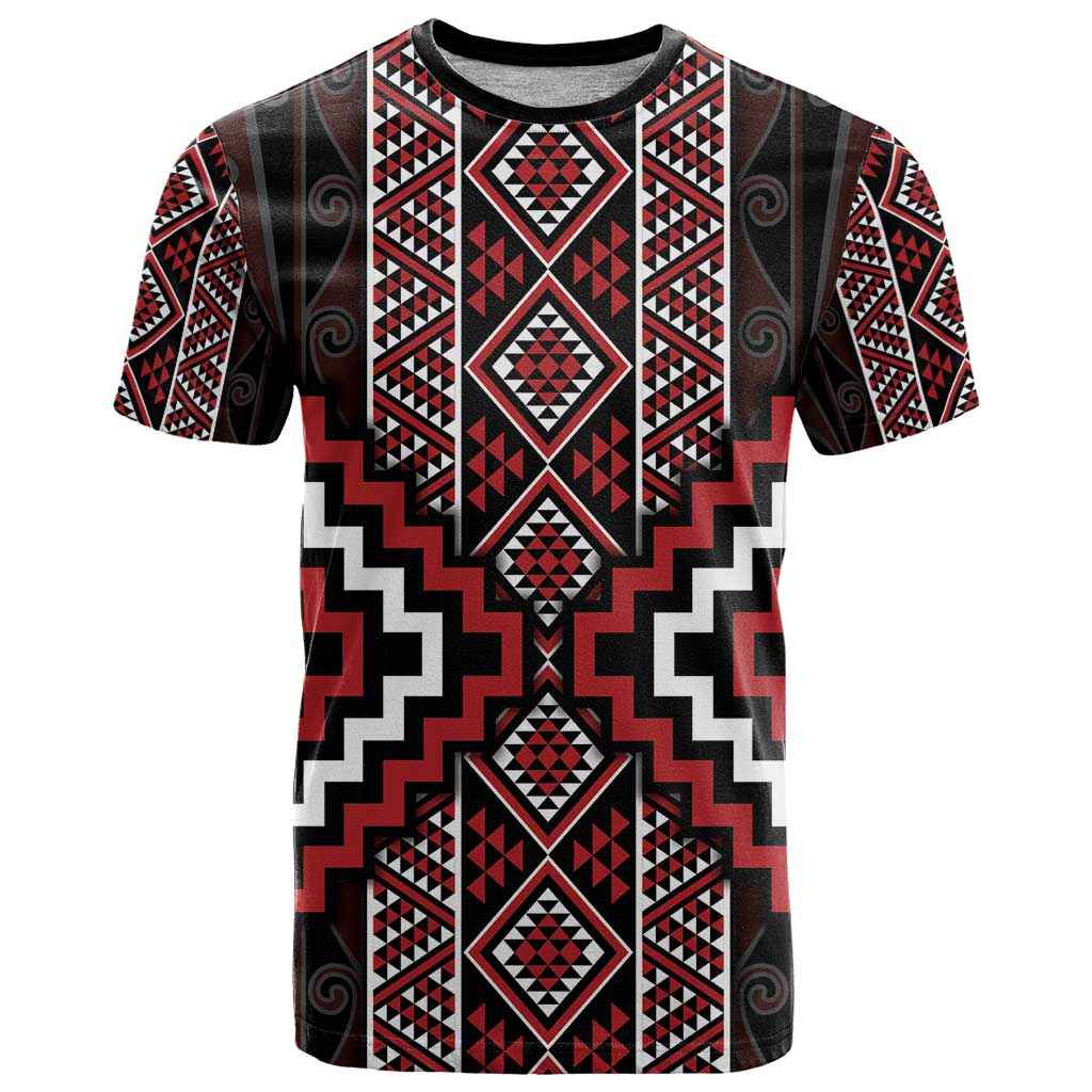 Red Tukutuku Pattern Aotearoa T Shirt Niho Taniwha and Puhoro Motifs