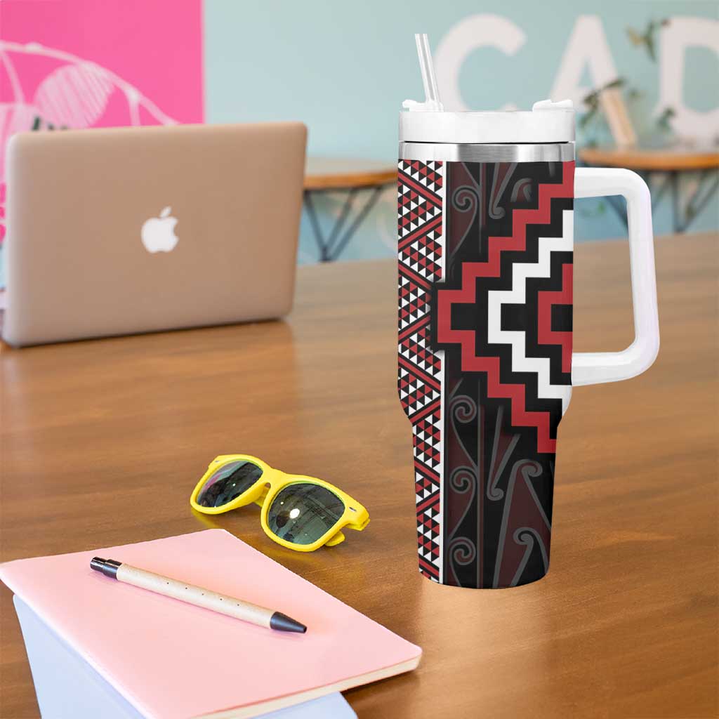 Red Tukutuku Pattern Aotearoa Tumbler With Handle Niho Taniwha and Puhoro Motifs