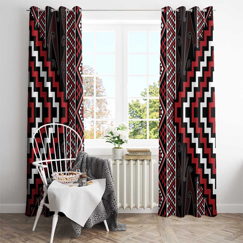 Red Tukutuku Pattern Aotearoa Window Curtain Niho Taniwha and Puhoro Motifs