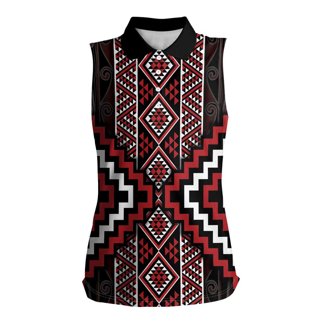 Red Tukutuku Pattern Aotearoa Women Sleeveless Polo Shirt Niho Taniwha and Puhoro Motifs
