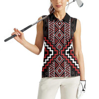 Red Tukutuku Pattern Aotearoa Women Sleeveless Polo Shirt Niho Taniwha and Puhoro Motifs