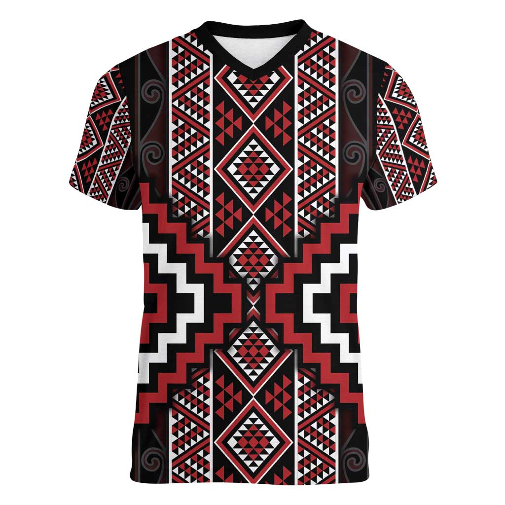 Red Tukutuku Pattern Aotearoa Women V-Neck T-Shirt Niho Taniwha and Puhoro Motifs