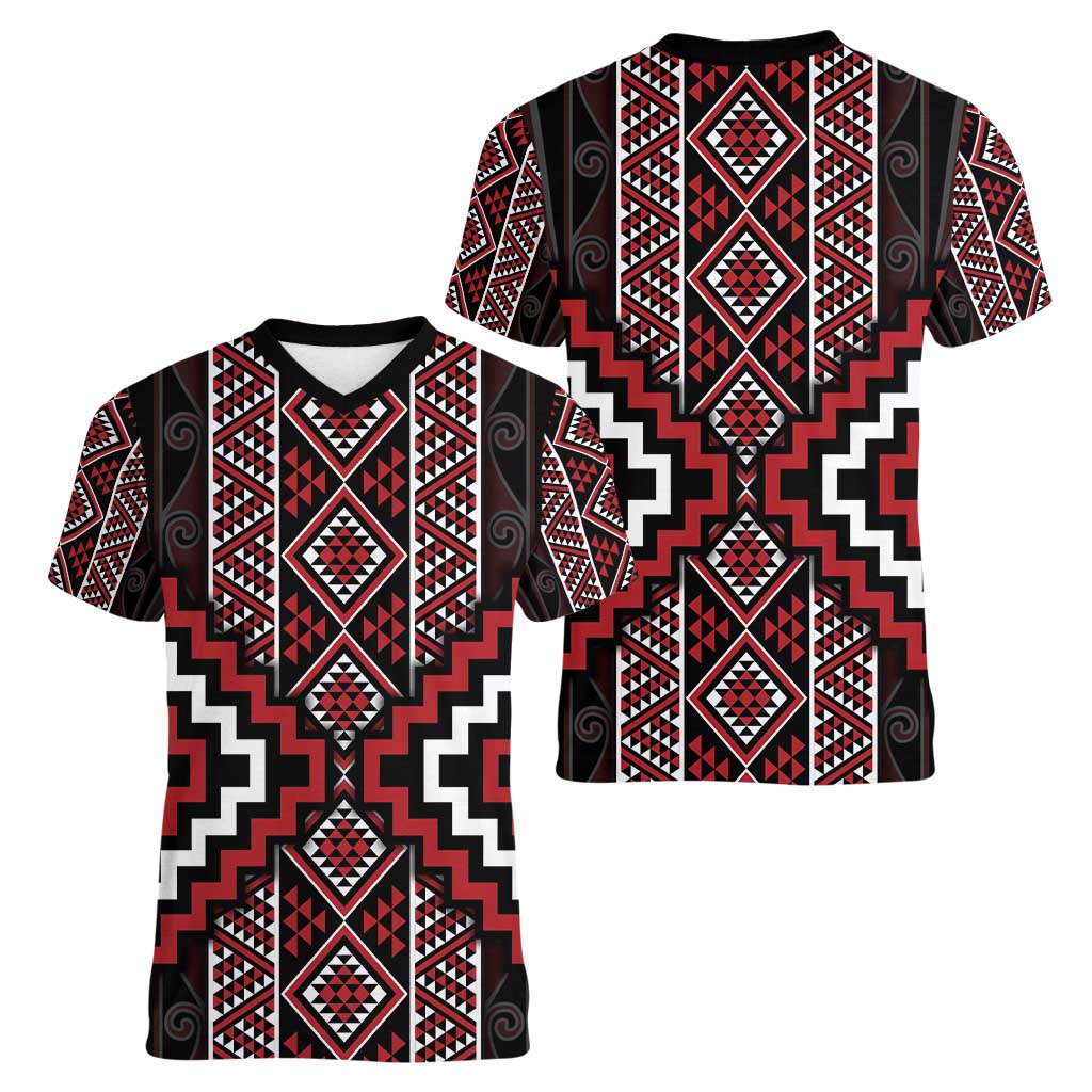 Red Tukutuku Pattern Aotearoa Women V-Neck T-Shirt Niho Taniwha and Puhoro Motifs