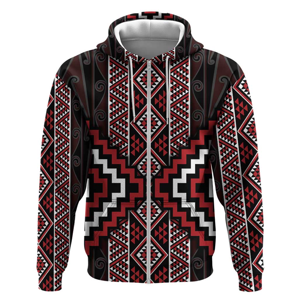 Red Tukutuku Pattern Aotearoa Zip Hoodie Niho Taniwha and Puhoro Motifs LT7 Zip Hoodie Red - Polynesian Pride
