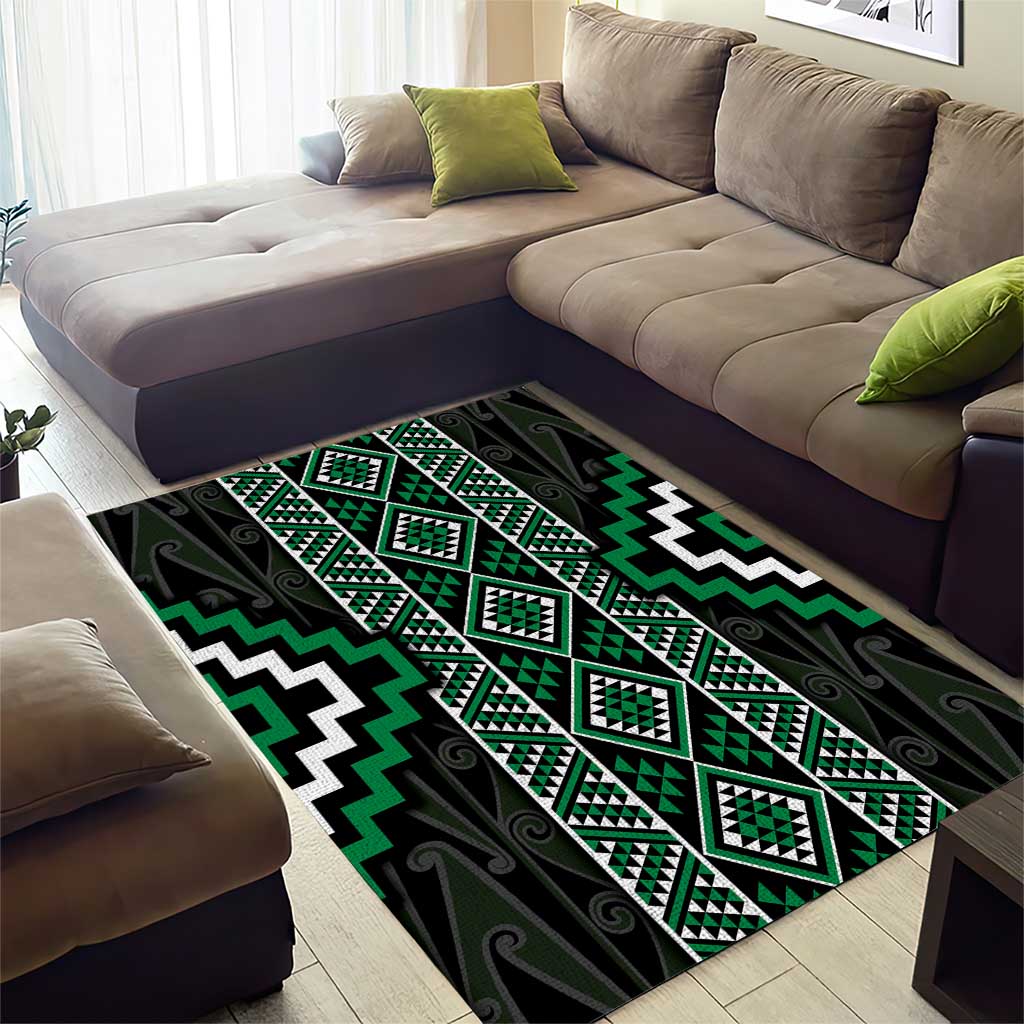 Jade Tukutuku Pattern Aotearoa Area Rug Niho Taniwha and Puhoro Motifs