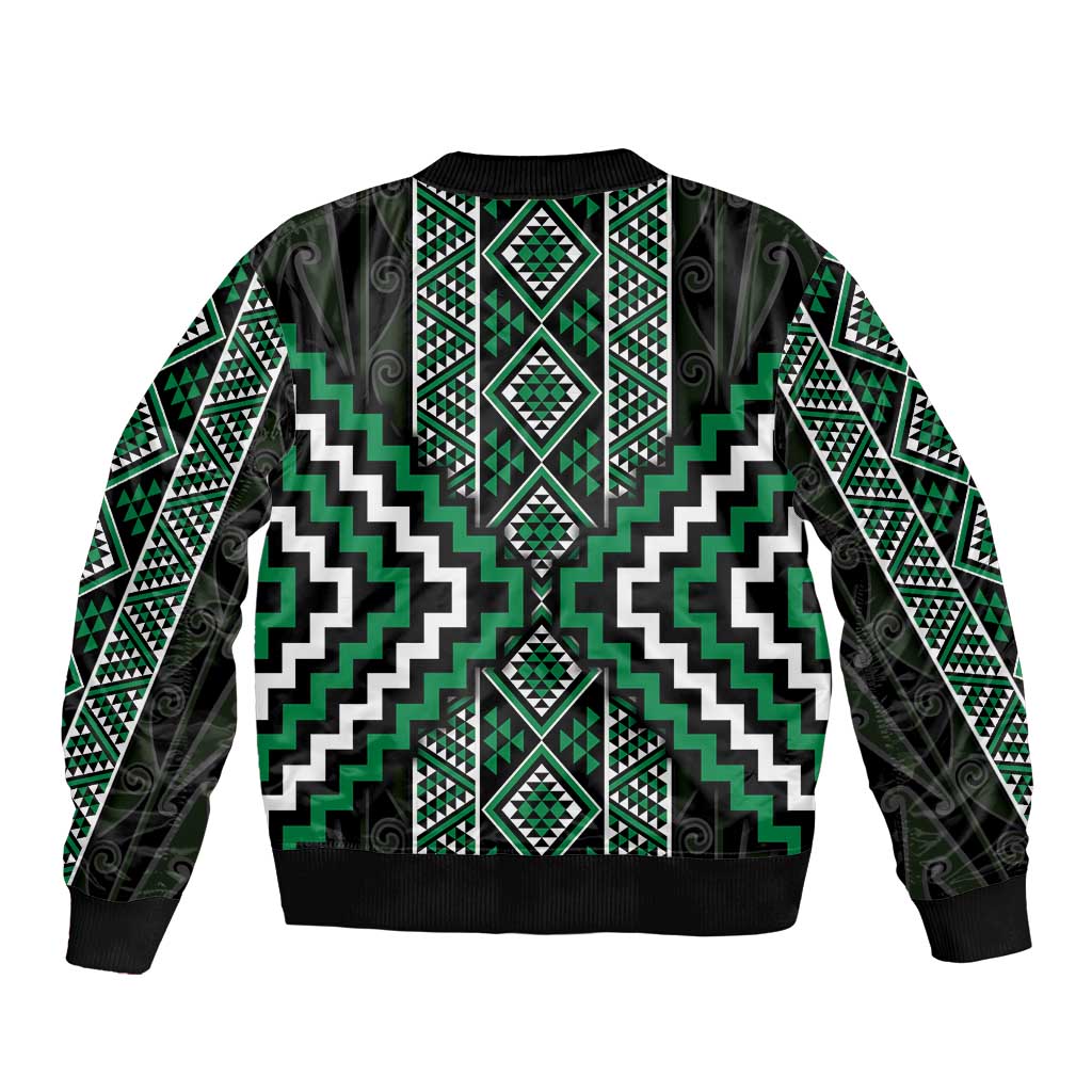Jade Tukutuku Pattern Aotearoa Bomber Jacket Niho Taniwha and Puhoro Motifs