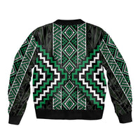 Jade Tukutuku Pattern Aotearoa Bomber Jacket Niho Taniwha and Puhoro Motifs