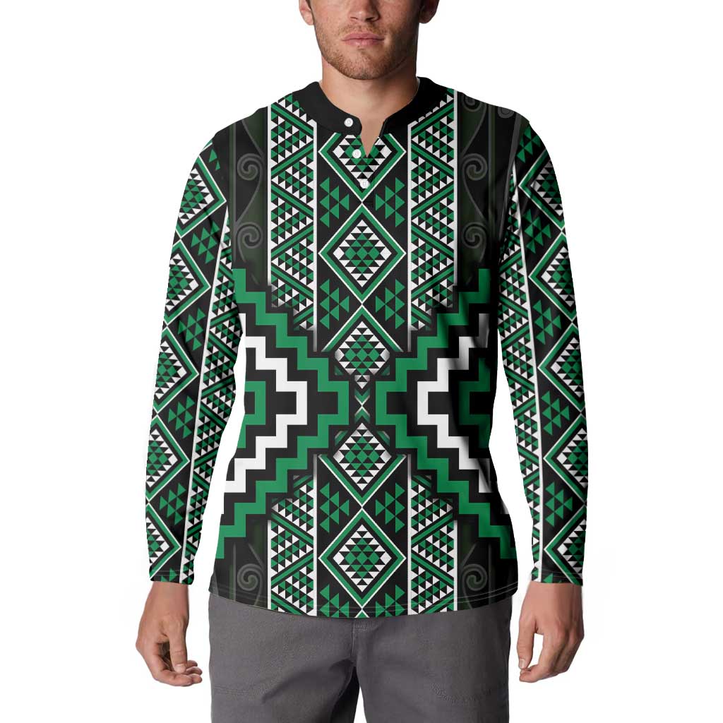 Jade Tukutuku Pattern Aotearoa Button Sweatshirt Niho Taniwha and Puhoro Motifs