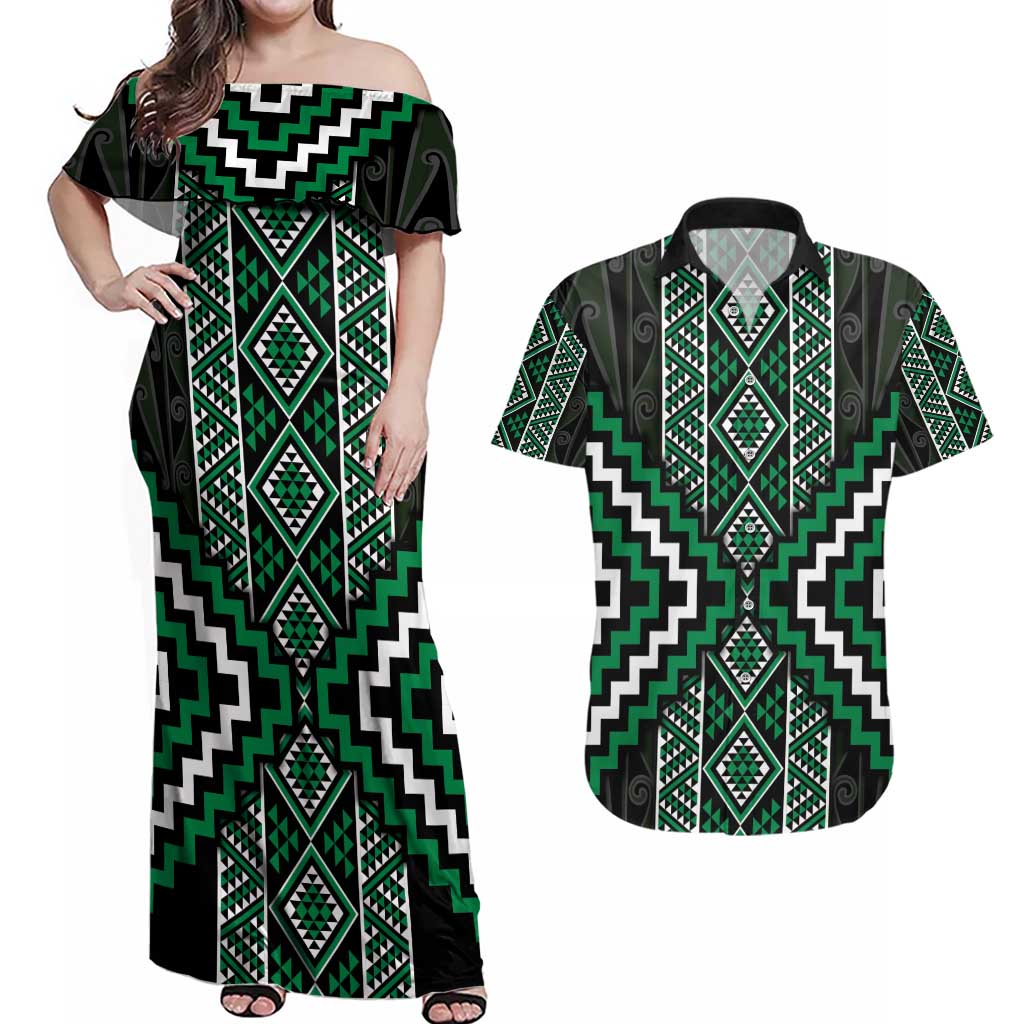 Jade Tukutuku Pattern Aotearoa Couples Matching Off Shoulder Maxi Dress and Hawaiian Shirt Niho Taniwha and Puhoro Motifs LT7 Green - Polynesian Pride