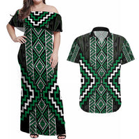 Jade Tukutuku Pattern Aotearoa Couples Matching Off Shoulder Maxi Dress and Hawaiian Shirt Niho Taniwha and Puhoro Motifs LT7 Green - Polynesian Pride