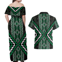 Jade Tukutuku Pattern Aotearoa Couples Matching Off Shoulder Maxi Dress and Hawaiian Shirt Niho Taniwha and Puhoro Motifs LT7 - Polynesian Pride