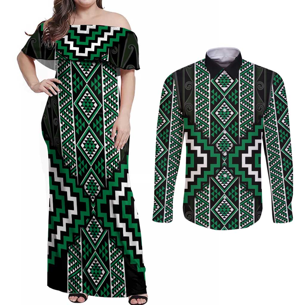 Jade Tukutuku Pattern Aotearoa Couples Matching Off Shoulder Maxi Dress and Long Sleeve Button Shirt Niho Taniwha and Puhoro Motifs