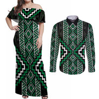 Jade Tukutuku Pattern Aotearoa Couples Matching Off Shoulder Maxi Dress and Long Sleeve Button Shirt Niho Taniwha and Puhoro Motifs