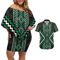 Jade Tukutuku Pattern Aotearoa Couples Matching Off Shoulder Short Dress and Hawaiian Shirt Niho Taniwha and Puhoro Motifs