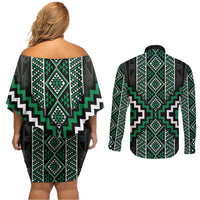 Jade Tukutuku Pattern Aotearoa Couples Matching Off Shoulder Short Dress and Long Sleeve Button Shirt Niho Taniwha and Puhoro Motifs