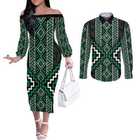 Jade Tukutuku Pattern Aotearoa Couples Matching Off The Shoulder Long Sleeve Dress and Long Sleeve Button Shirt Niho Taniwha and Puhoro Motifs LT7 Green - Polynesian Pride