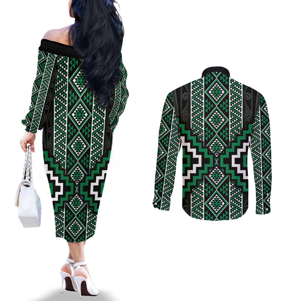 Jade Tukutuku Pattern Aotearoa Couples Matching Off The Shoulder Long Sleeve Dress and Long Sleeve Button Shirt Niho Taniwha and Puhoro Motifs LT7 - Polynesian Pride