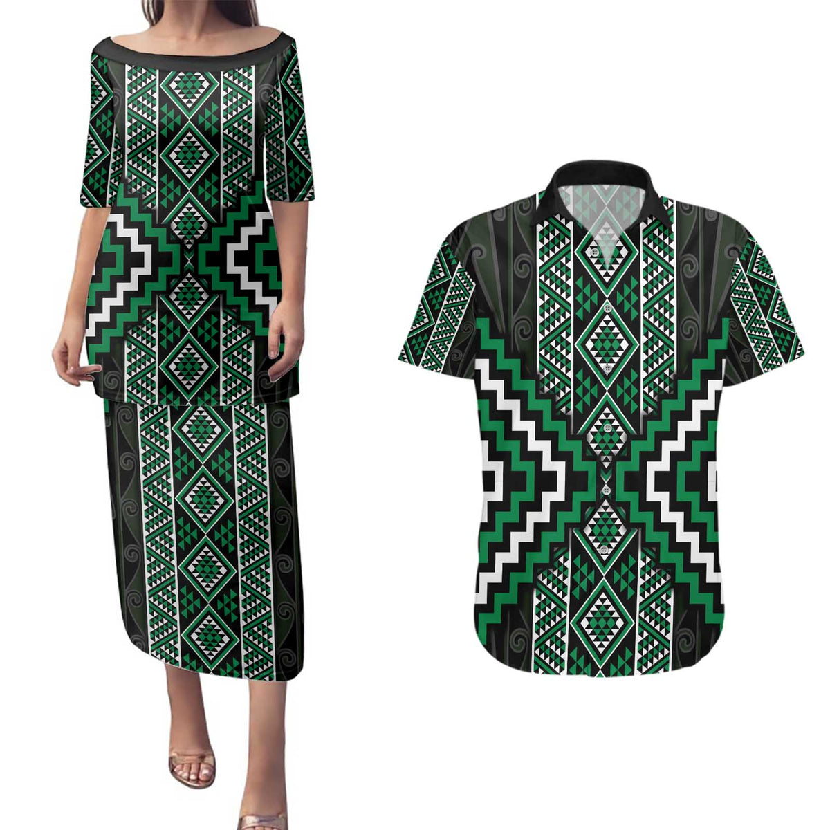 Jade Tukutuku Pattern Aotearoa Couples Matching Puletasi and Hawaiian Shirt Niho Taniwha and Puhoro Motifs LT7 Green - Polynesian Pride
