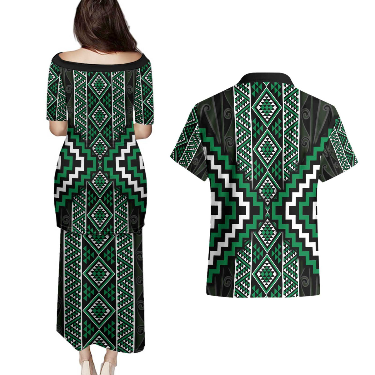 Jade Tukutuku Pattern Aotearoa Couples Matching Puletasi and Hawaiian Shirt Niho Taniwha and Puhoro Motifs LT7 - Polynesian Pride