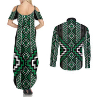 Jade Tukutuku Pattern Aotearoa Couples Matching Summer Maxi Dress and Long Sleeve Button Shirt Niho Taniwha and Puhoro Motifs LT7 - Polynesian Pride