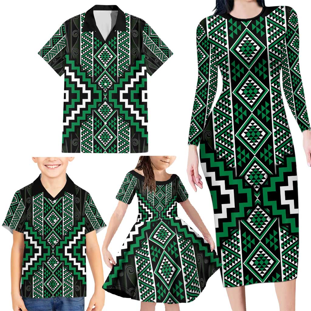 Jade Tukutuku Pattern Aotearoa Family Matching Long Sleeve Bodycon Dress and Hawaiian Shirt Niho Taniwha and Puhoro Motifs LT7 - Polynesian Pride