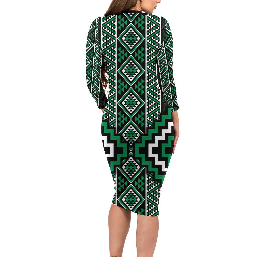 Jade Tukutuku Pattern Aotearoa Family Matching Long Sleeve Bodycon Dress and Hawaiian Shirt Niho Taniwha and Puhoro Motifs LT7 - Polynesian Pride