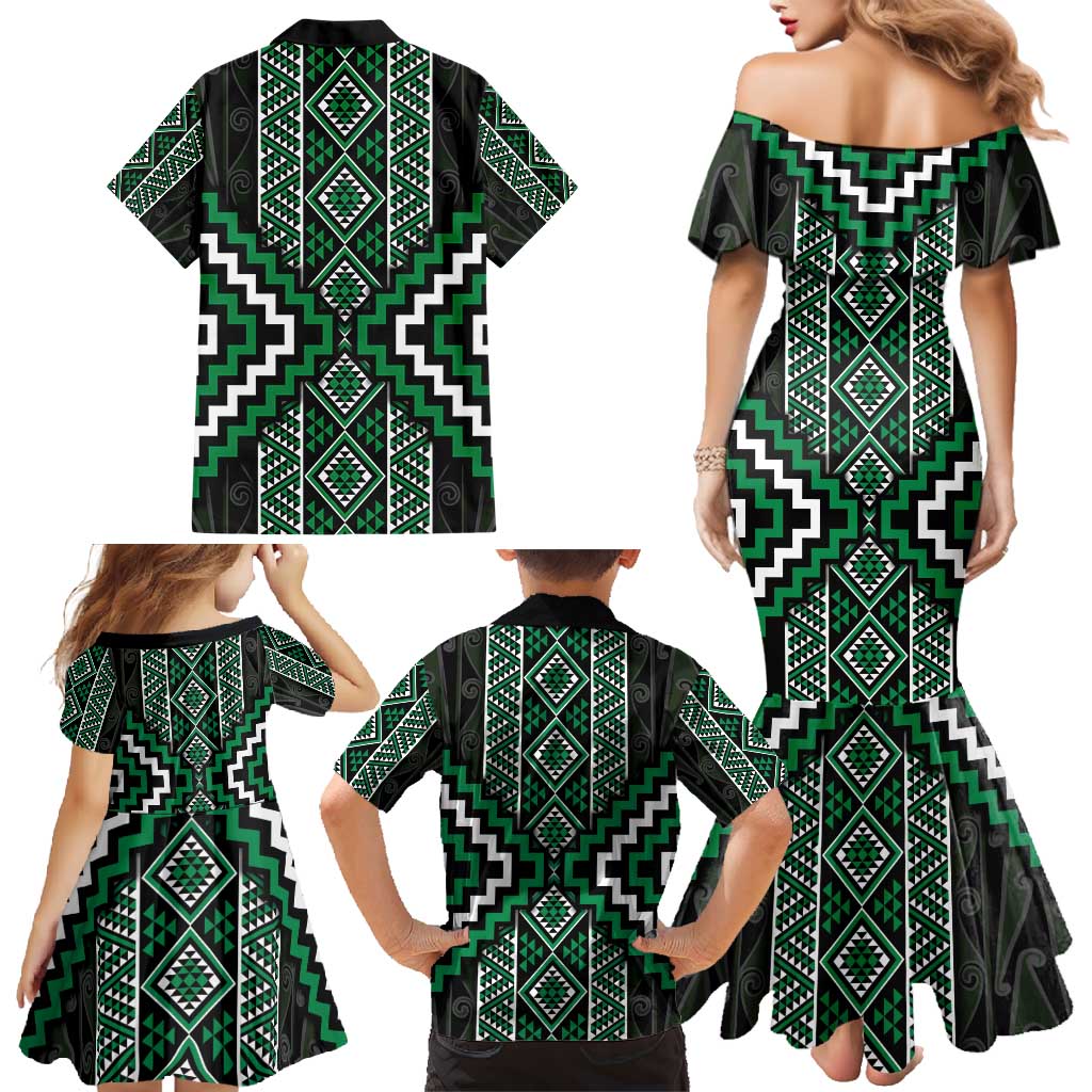 Jade Tukutuku Pattern Aotearoa Family Matching Mermaid Dress and Hawaiian Shirt Niho Taniwha and Puhoro Motifs LT7 - Polynesian Pride