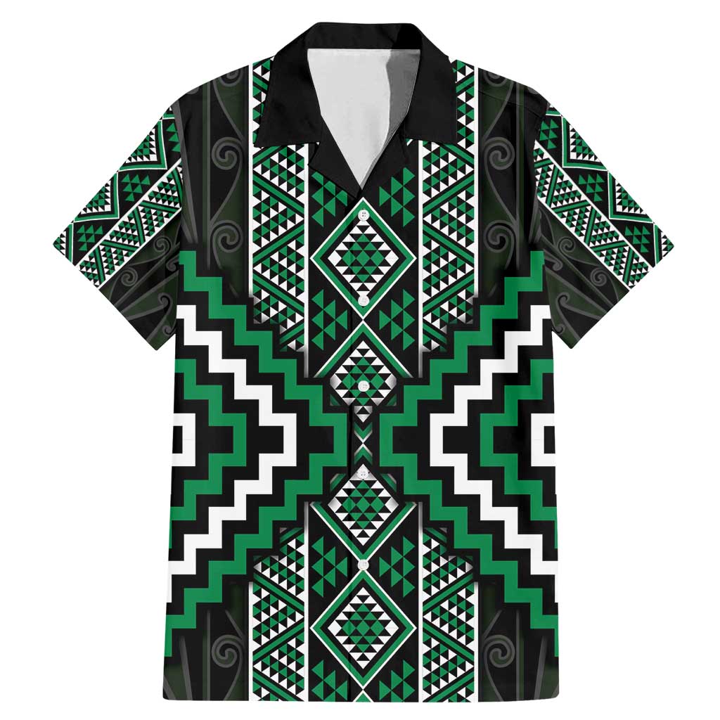 Jade Tukutuku Pattern Aotearoa Family Matching Mermaid Dress and Hawaiian Shirt Niho Taniwha and Puhoro Motifs LT7 Dad's Shirt - Short Sleeve Green - Polynesian Pride