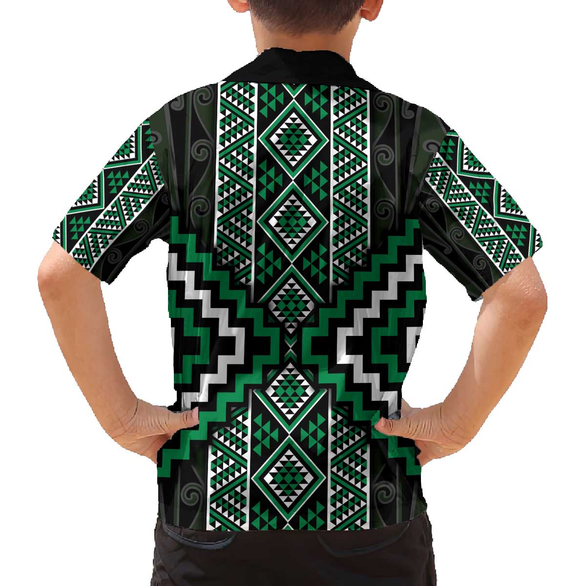 Jade Tukutuku Pattern Aotearoa Family Matching Off The Shoulder Long Sleeve Dress and Hawaiian Shirt Niho Taniwha and Puhoro Motifs LT7 - Polynesian Pride