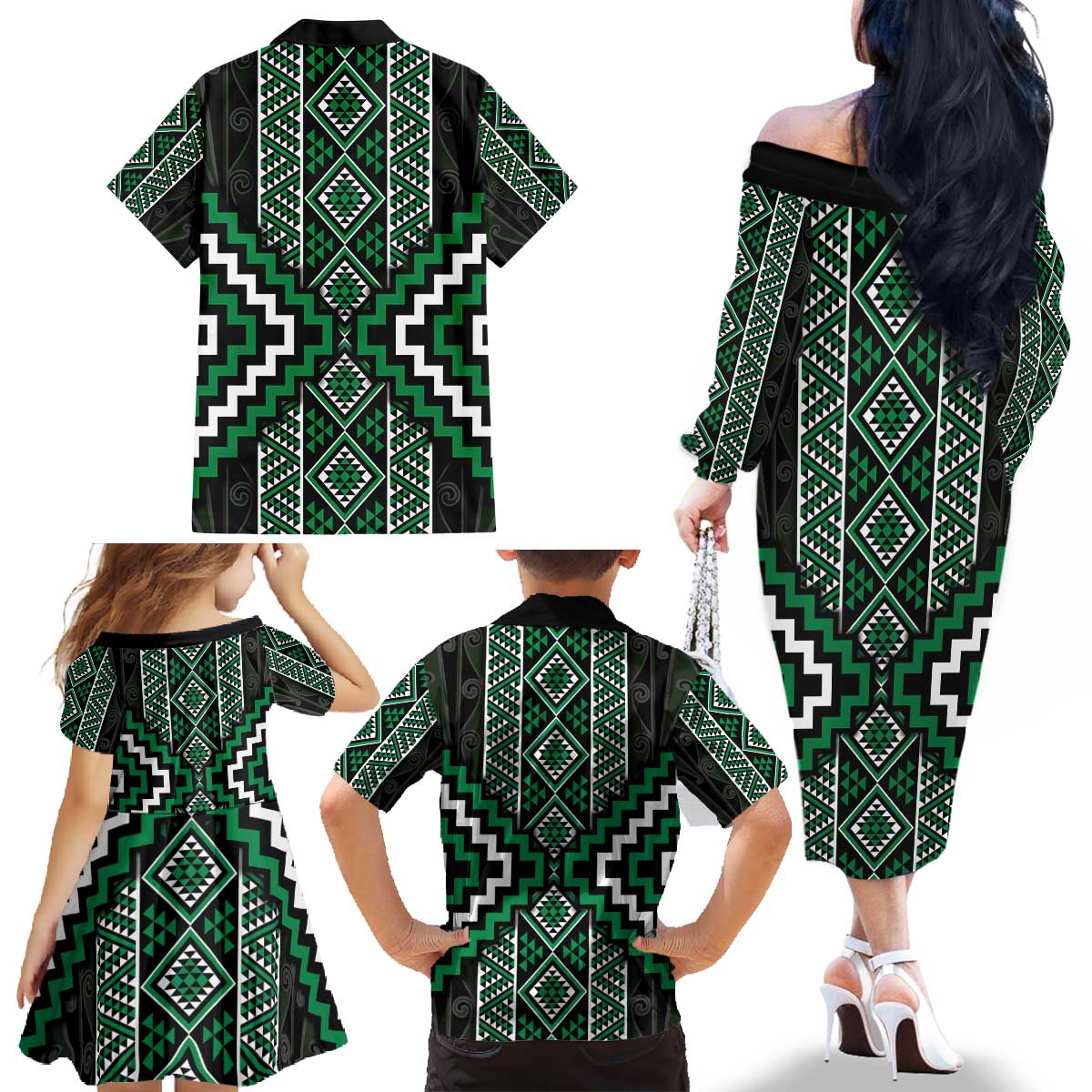 Jade Tukutuku Pattern Aotearoa Family Matching Off The Shoulder Long Sleeve Dress and Hawaiian Shirt Niho Taniwha and Puhoro Motifs LT7 - Polynesian Pride