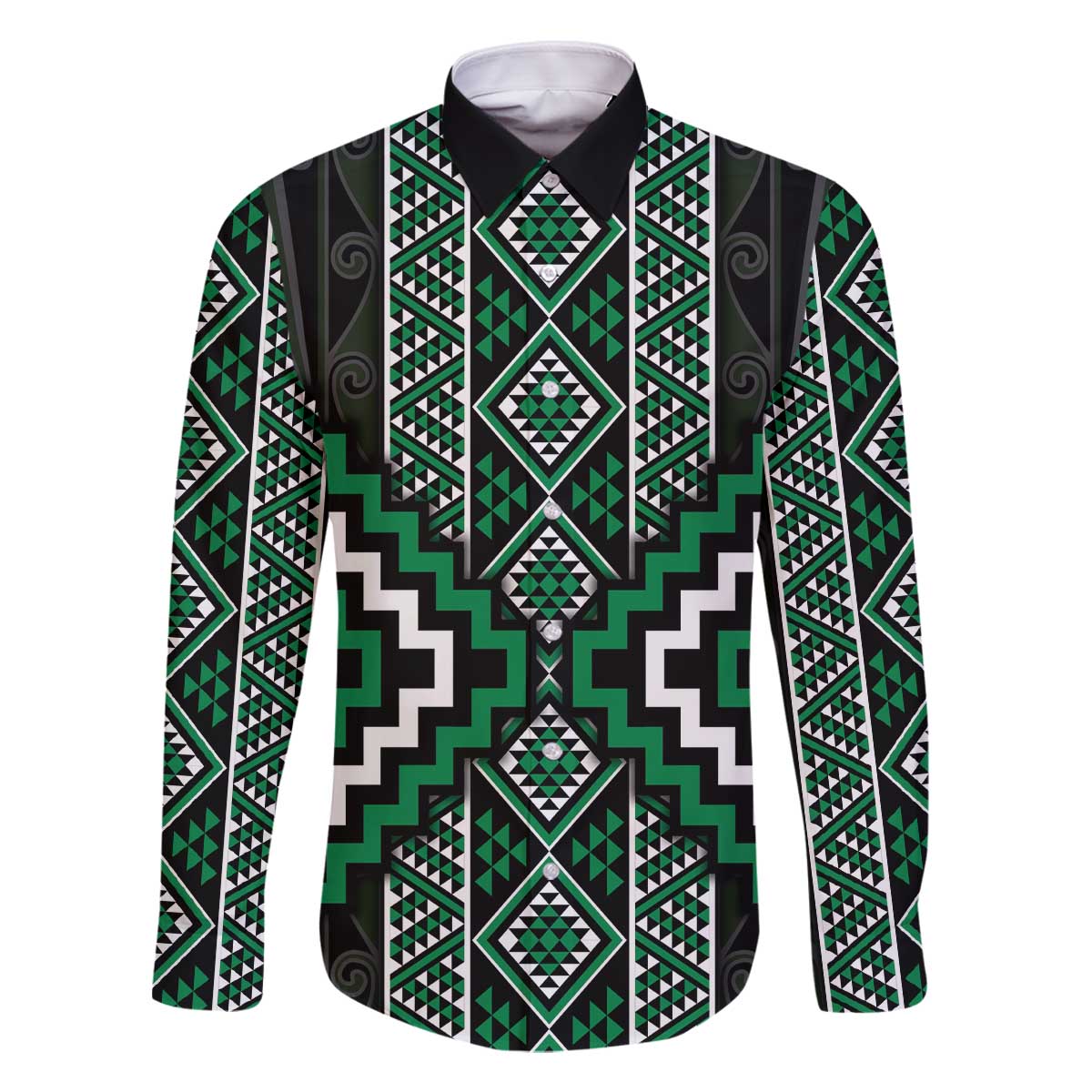 Jade Tukutuku Pattern Aotearoa Family Matching Off The Shoulder Long Sleeve Dress and Hawaiian Shirt Niho Taniwha and Puhoro Motifs LT7 Dad's Shirt - Long Sleeve Green - Polynesian Pride