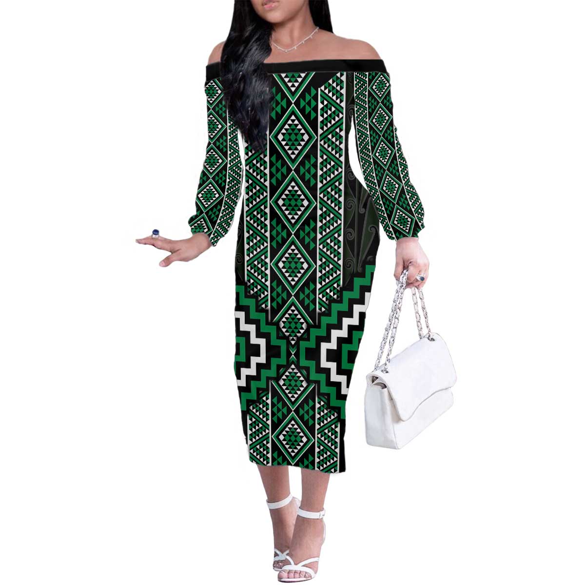 Jade Tukutuku Pattern Aotearoa Family Matching Off The Shoulder Long Sleeve Dress and Hawaiian Shirt Niho Taniwha and Puhoro Motifs LT7 Mom's Dress Green - Polynesian Pride