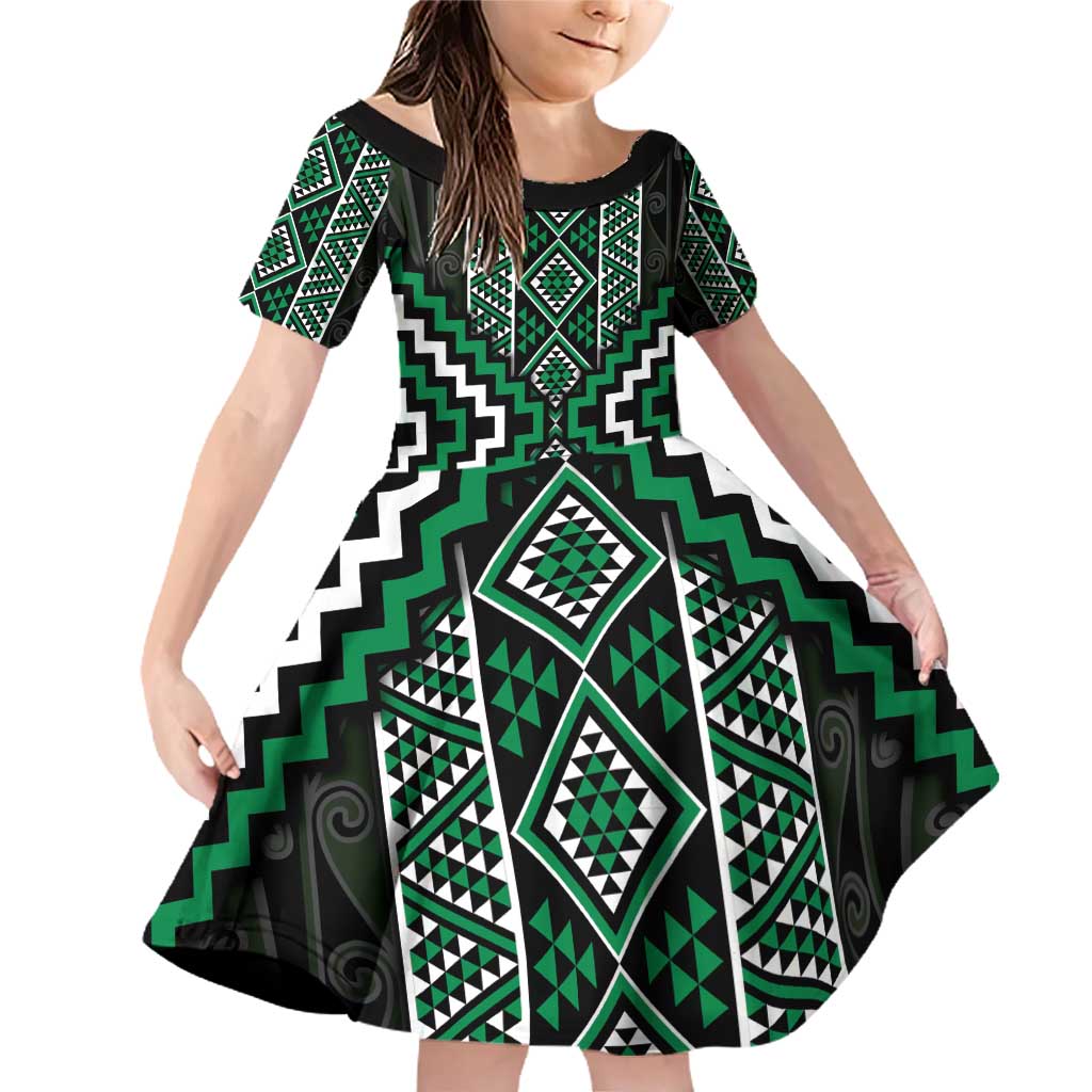 Jade Tukutuku Pattern Aotearoa Family Matching Off Shoulder Short Dress and Hawaiian Shirt Niho Taniwha and Puhoro Motifs LT7 Daughter's Dress Green - Polynesian Pride