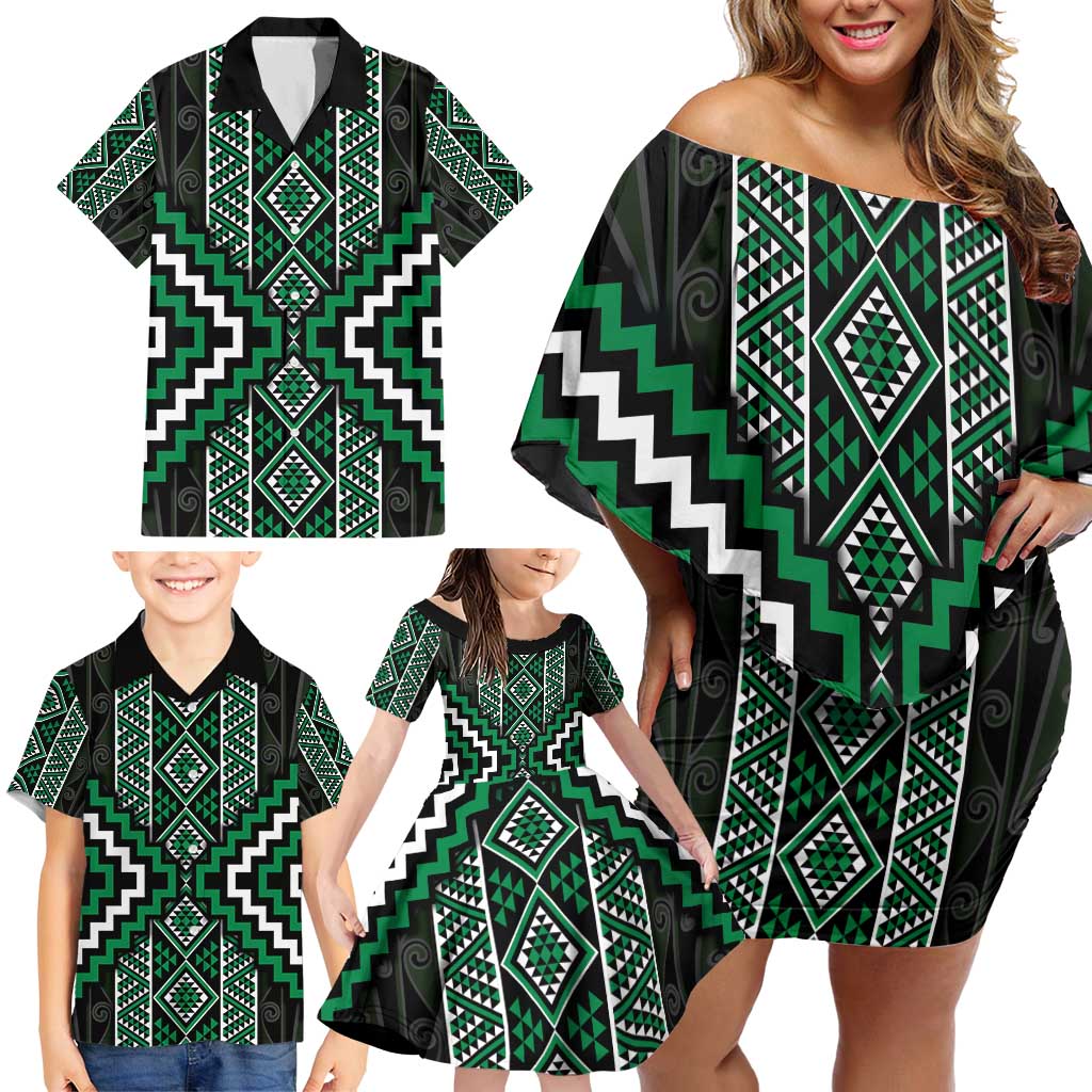 Jade Tukutuku Pattern Aotearoa Family Matching Off Shoulder Short Dress and Hawaiian Shirt Niho Taniwha and Puhoro Motifs LT7 - Polynesian Pride