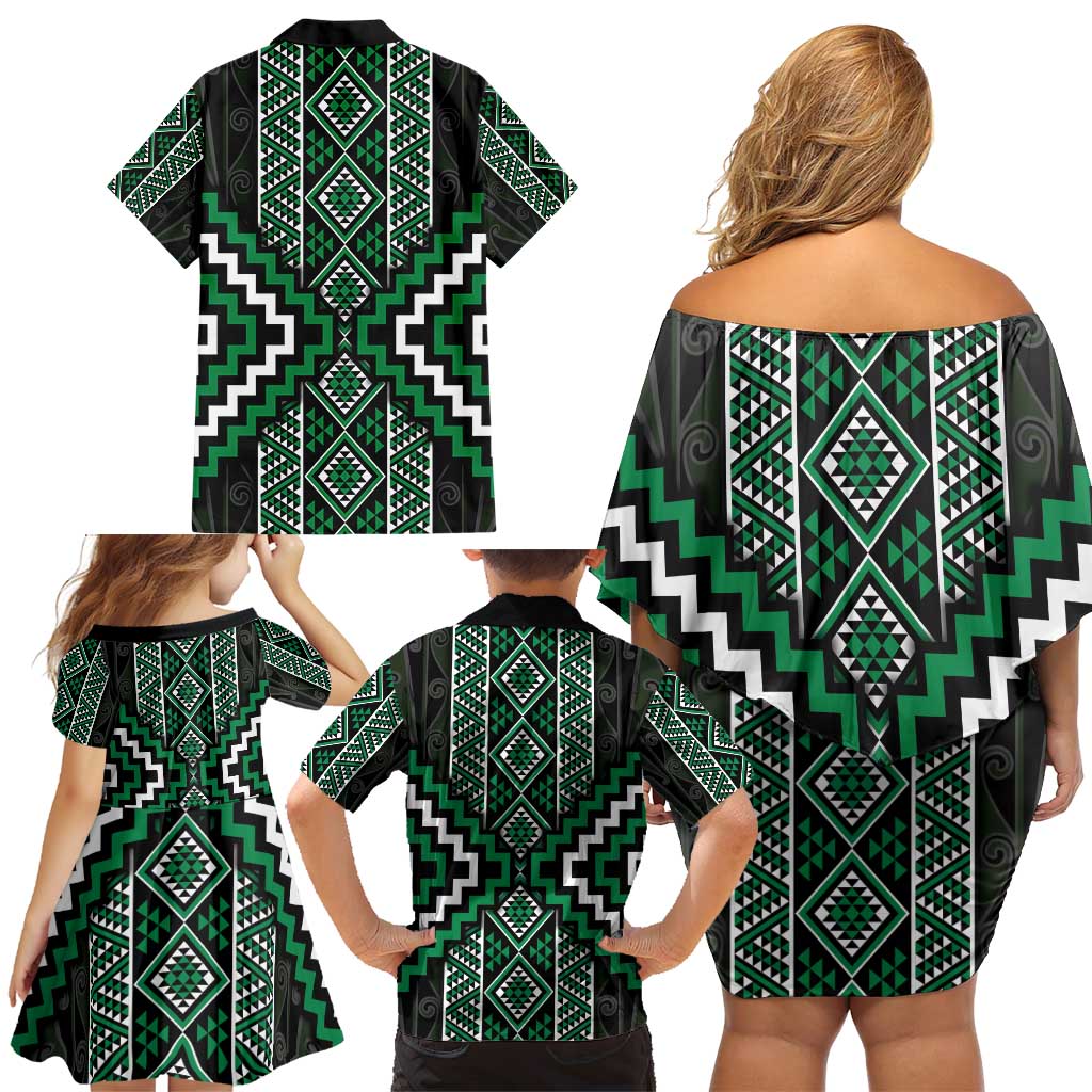 Jade Tukutuku Pattern Aotearoa Family Matching Off Shoulder Short Dress and Hawaiian Shirt Niho Taniwha and Puhoro Motifs LT7 - Polynesian Pride