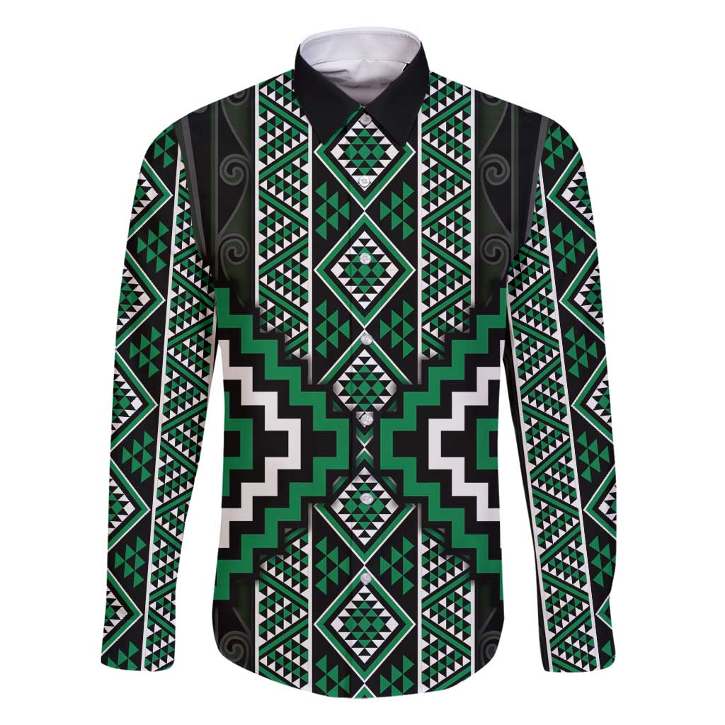 Jade Tukutuku Pattern Aotearoa Family Matching Off Shoulder Short Dress and Hawaiian Shirt Niho Taniwha and Puhoro Motifs LT7 Dad's Shirt - Long Sleeve Green - Polynesian Pride