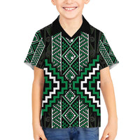 Jade Tukutuku Pattern Aotearoa Family Matching Off Shoulder Short Dress and Hawaiian Shirt Niho Taniwha and Puhoro Motifs LT7 Son's Shirt Green - Polynesian Pride