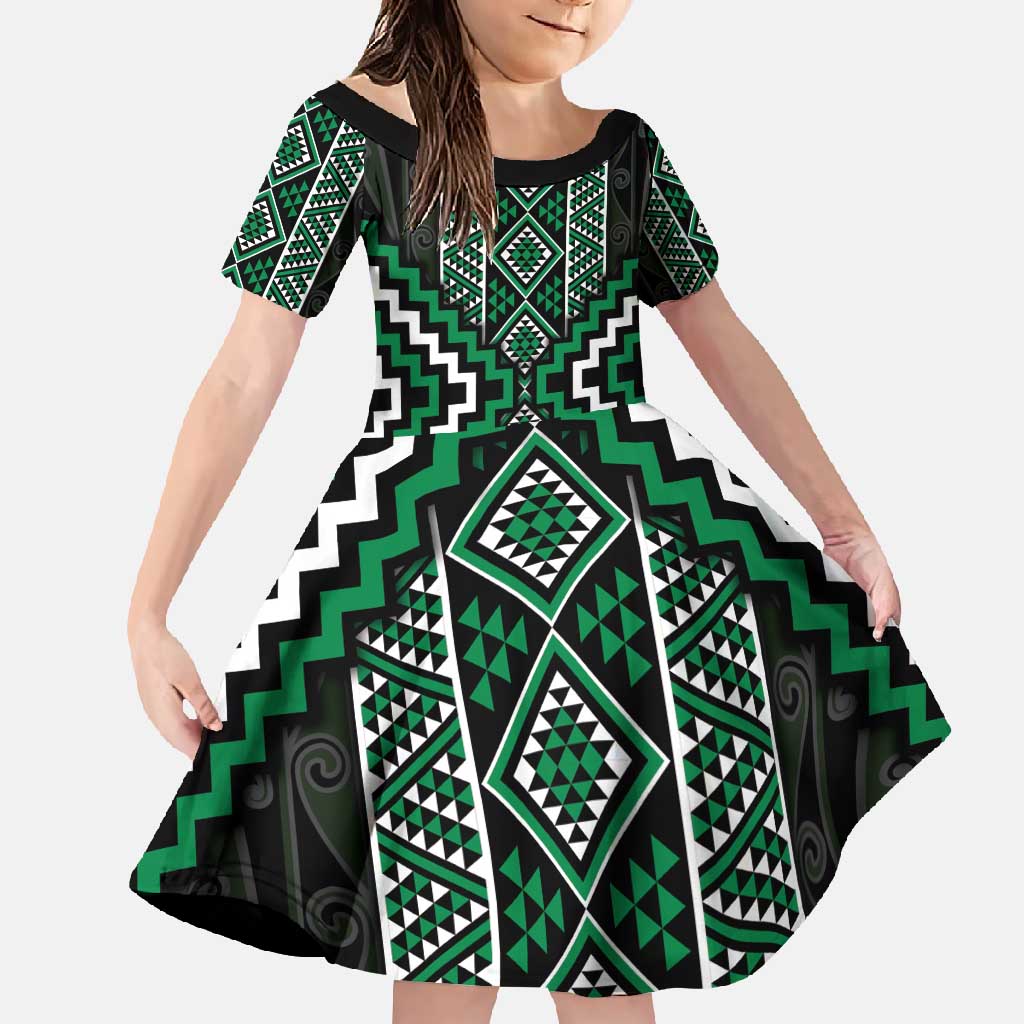 Jade Tukutuku Pattern Aotearoa Family Matching Short Sleeve Bodycon Dress and Hawaiian Shirt Niho Taniwha and Puhoro Motifs LT7 Daughter's Dress Green - Polynesian Pride