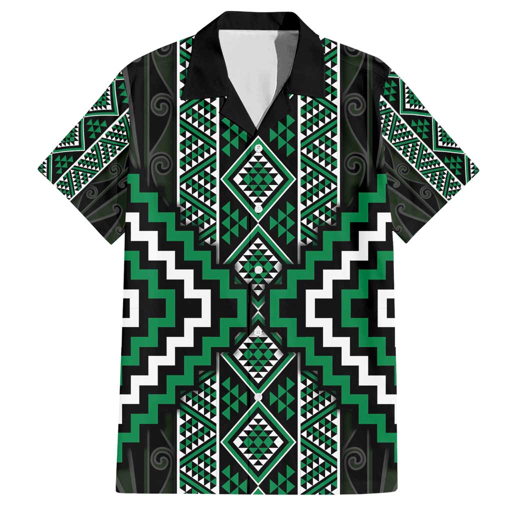 Jade Tukutuku Pattern Aotearoa Family Matching Short Sleeve Bodycon Dress and Hawaiian Shirt Niho Taniwha and Puhoro Motifs LT7 Dad's Shirt - Short Sleeve Green - Polynesian Pride