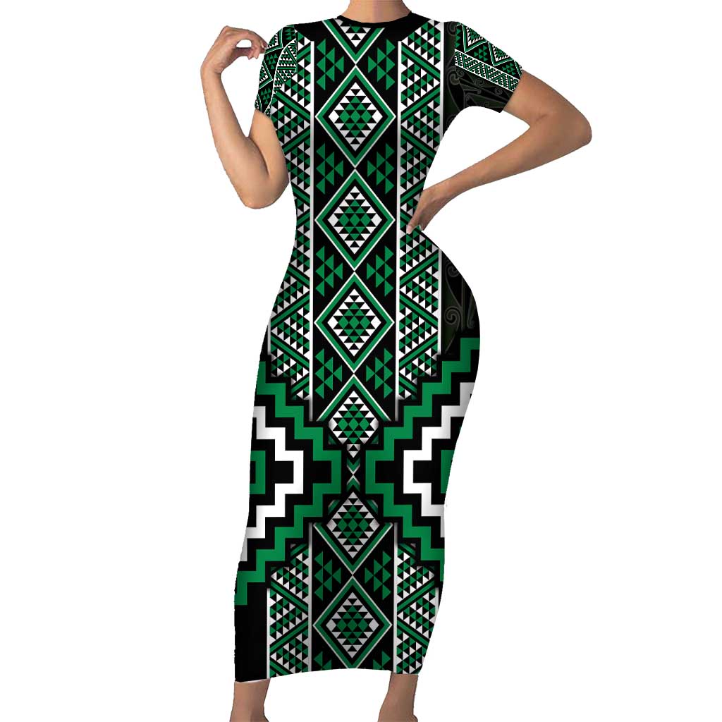 Jade Tukutuku Pattern Aotearoa Family Matching Short Sleeve Bodycon Dress and Hawaiian Shirt Niho Taniwha and Puhoro Motifs LT7 Mom's Dress Green - Polynesian Pride