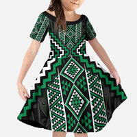 Jade Tukutuku Pattern Aotearoa Family Matching Tank Maxi Dress and Hawaiian Shirt Niho Taniwha and Puhoro Motifs LT7 Daughter's Dress Green - Polynesian Pride