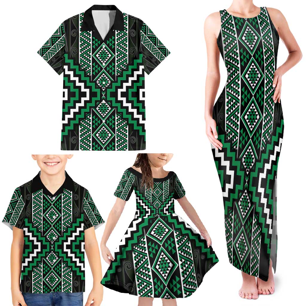 Jade Tukutuku Pattern Aotearoa Family Matching Tank Maxi Dress and Hawaiian Shirt Niho Taniwha and Puhoro Motifs LT7 - Polynesian Pride