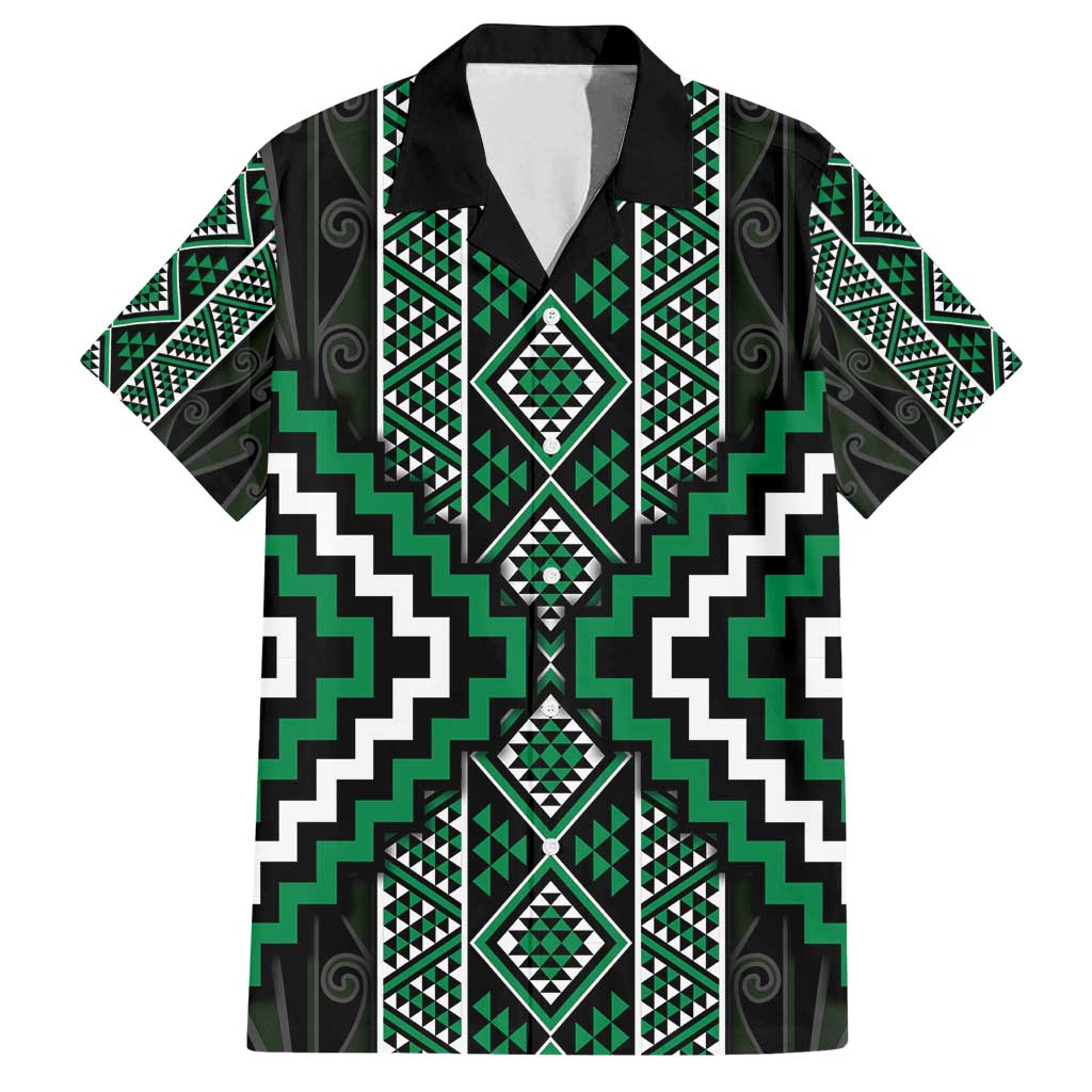 Jade Tukutuku Pattern Aotearoa Family Matching Tank Maxi Dress and Hawaiian Shirt Niho Taniwha and Puhoro Motifs LT7 Dad's Shirt - Short Sleeve Green - Polynesian Pride