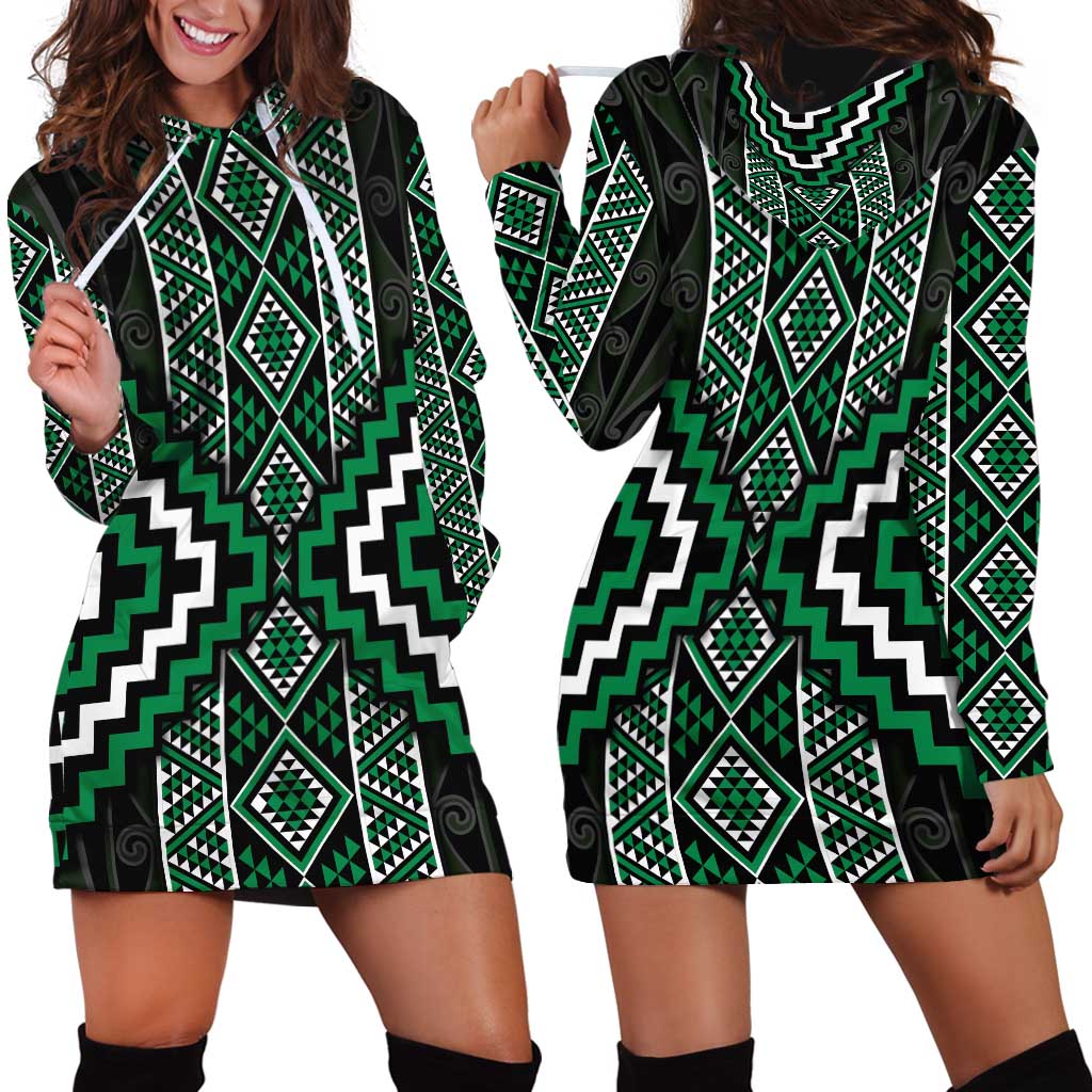Jade Tukutuku Pattern Aotearoa Hoodie Dress Niho Taniwha and Puhoro Motifs