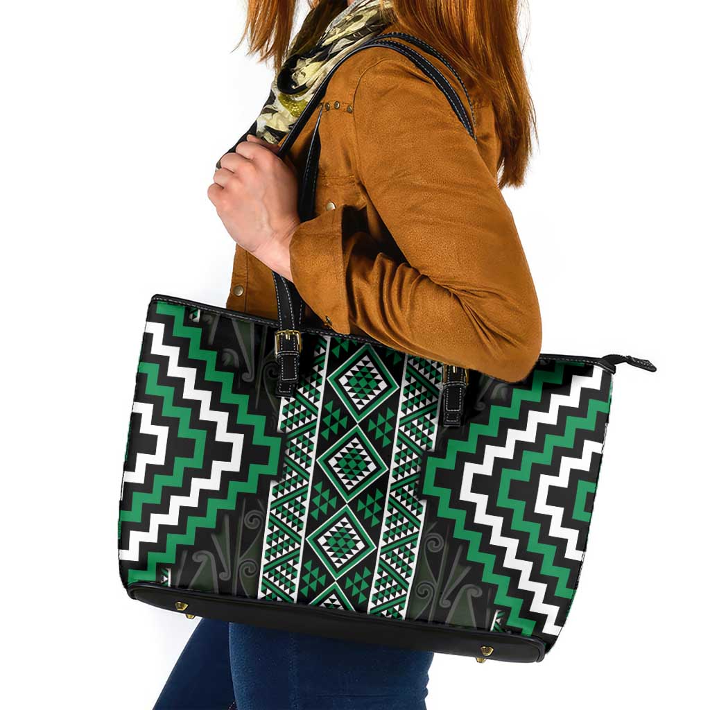 Jade Tukutuku Pattern Aotearoa Leather Tote Bag Niho Taniwha and Puhoro Motifs