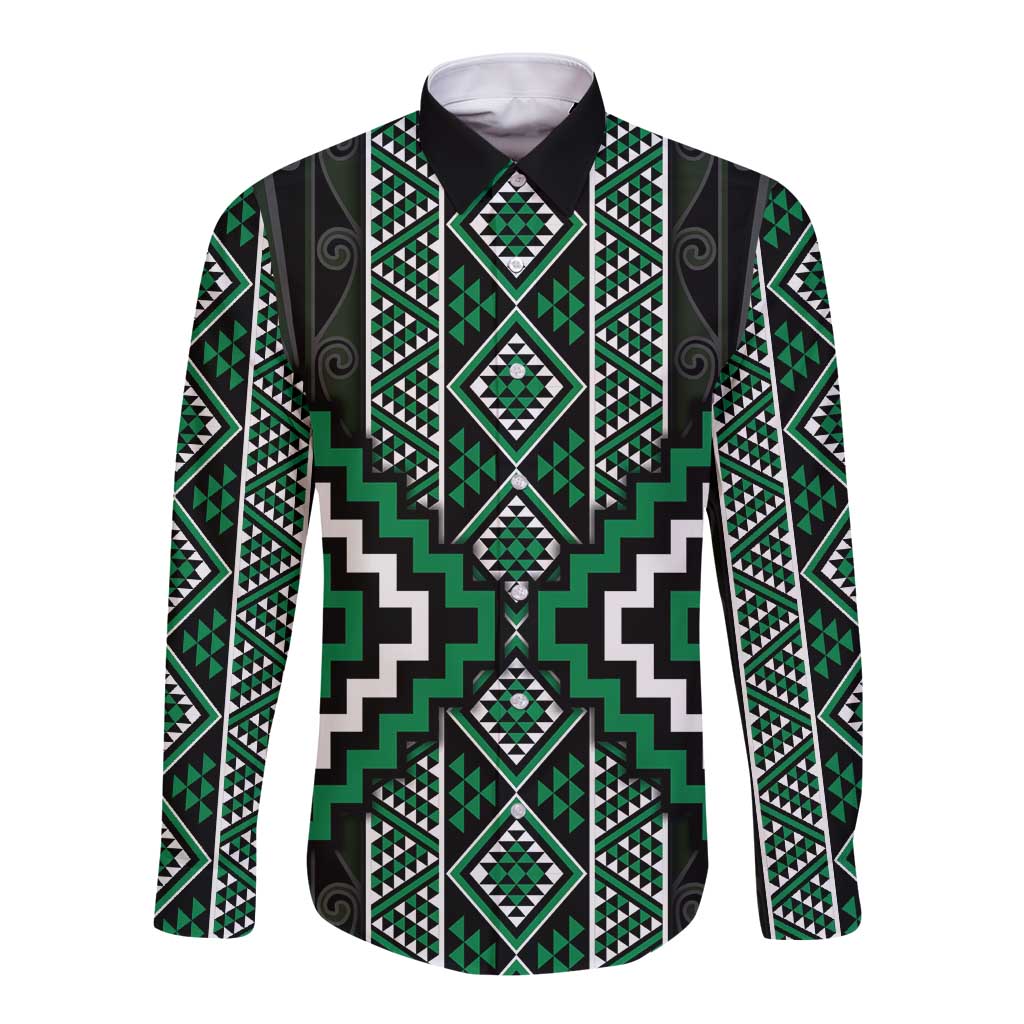Jade Tukutuku Pattern Aotearoa Long Sleeve Button Shirt Niho Taniwha and Puhoro Motifs