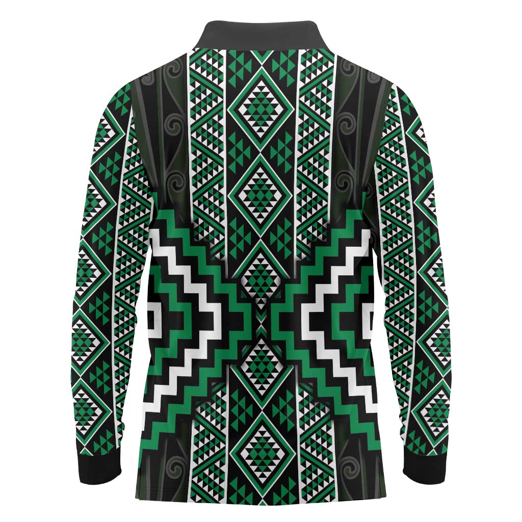 Jade Tukutuku Pattern Aotearoa Long Sleeve Polo Shirt Niho Taniwha and Puhoro Motifs