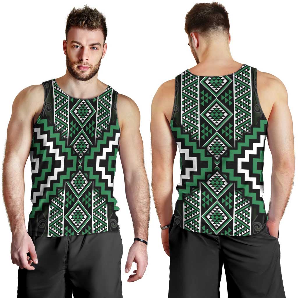 Jade Tukutuku Pattern Aotearoa Men Tank Top Niho Taniwha and Puhoro Motifs