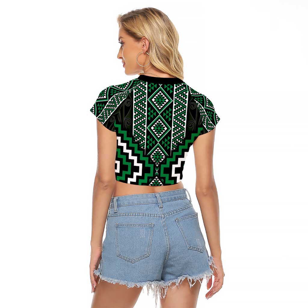Jade Tukutuku Pattern Aotearoa Raglan Cropped T Shirt Niho Taniwha and Puhoro Motifs